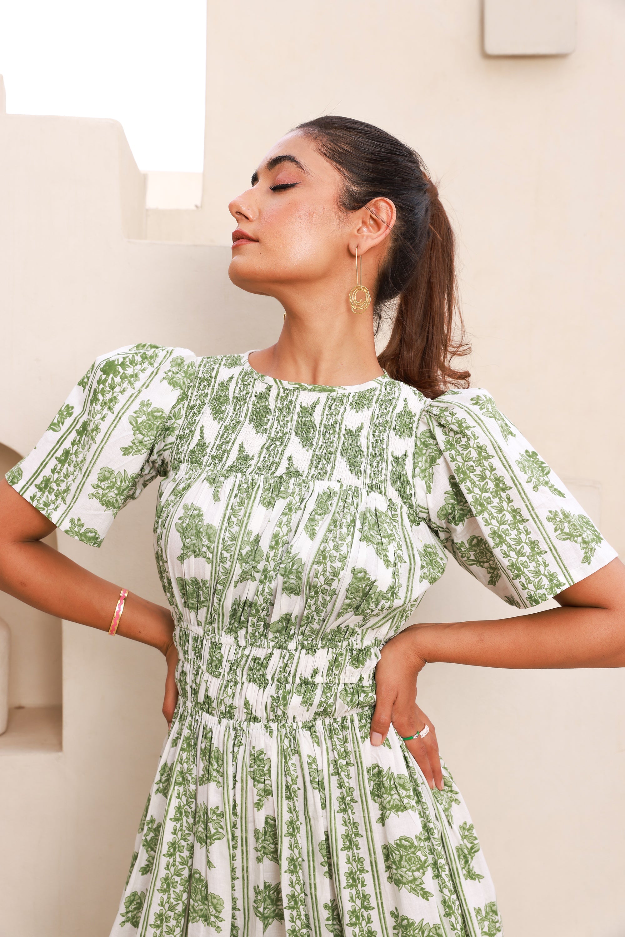 Maxi Dress with Green Stripes Smocking Bodice