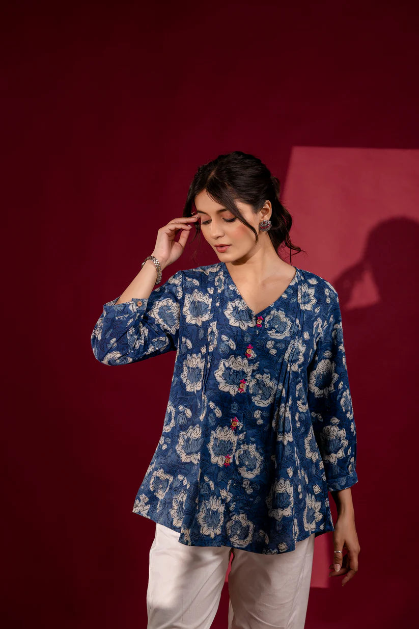 Indigo Blue Floral Handblock Print Top