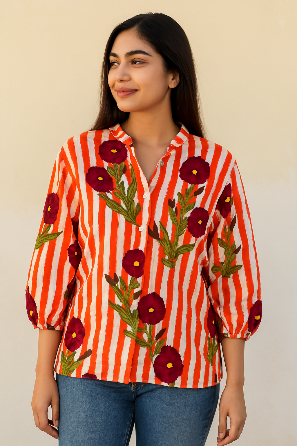 Bold Bloom Striped Cotton Shirt