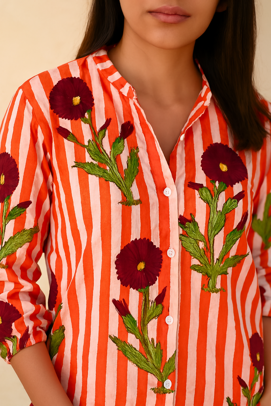 Bold Bloom Striped Cotton Shirt