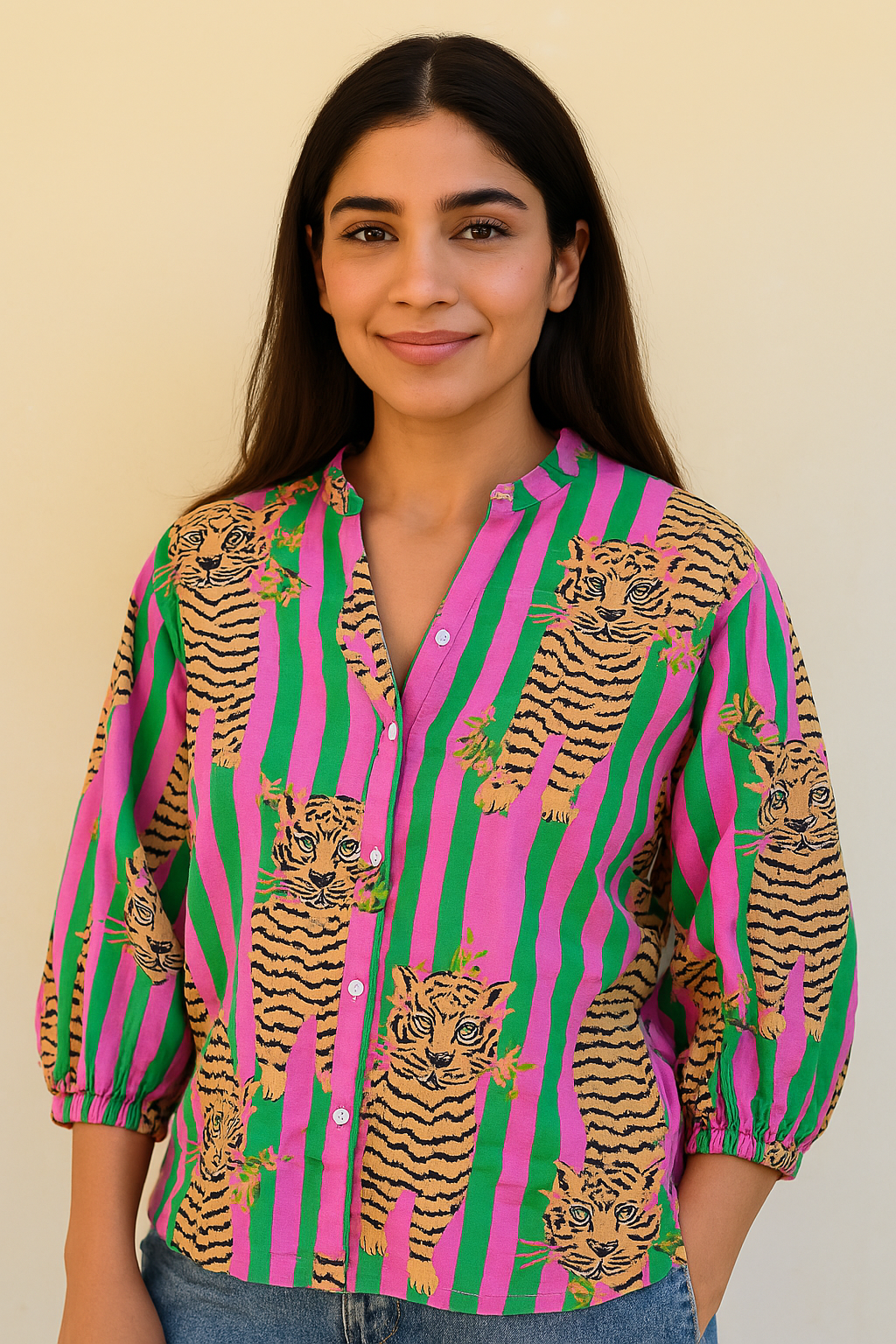 Bold Bloom Striped Cotton Shirt