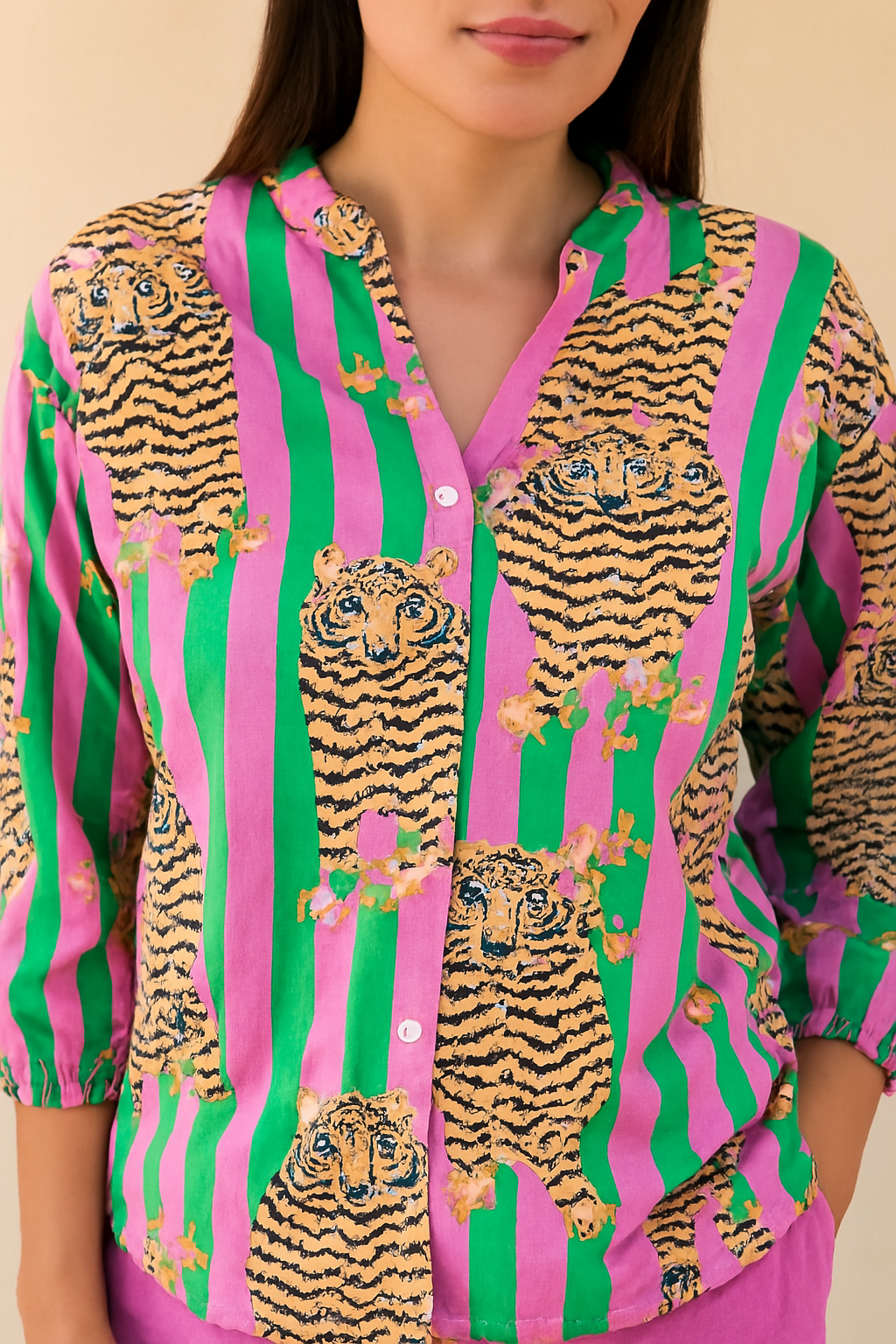 Bold Bloom Striped Cotton Shirt