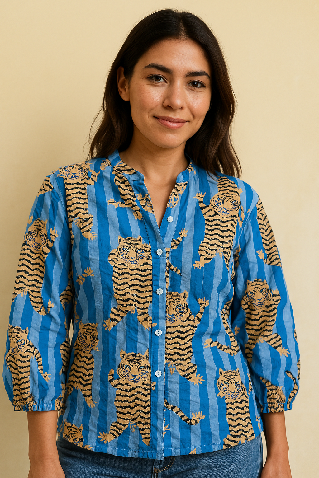 Bold Bloom Striped Cotton Shirt