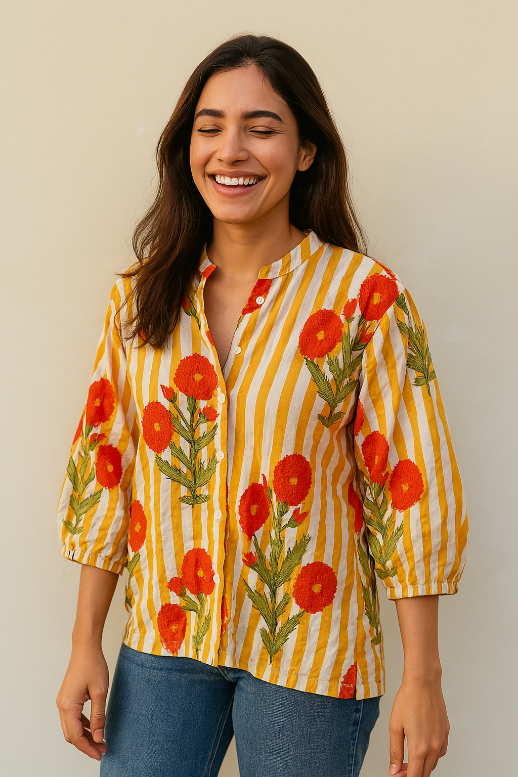 Bold Bloom Striped Cotton Shirt