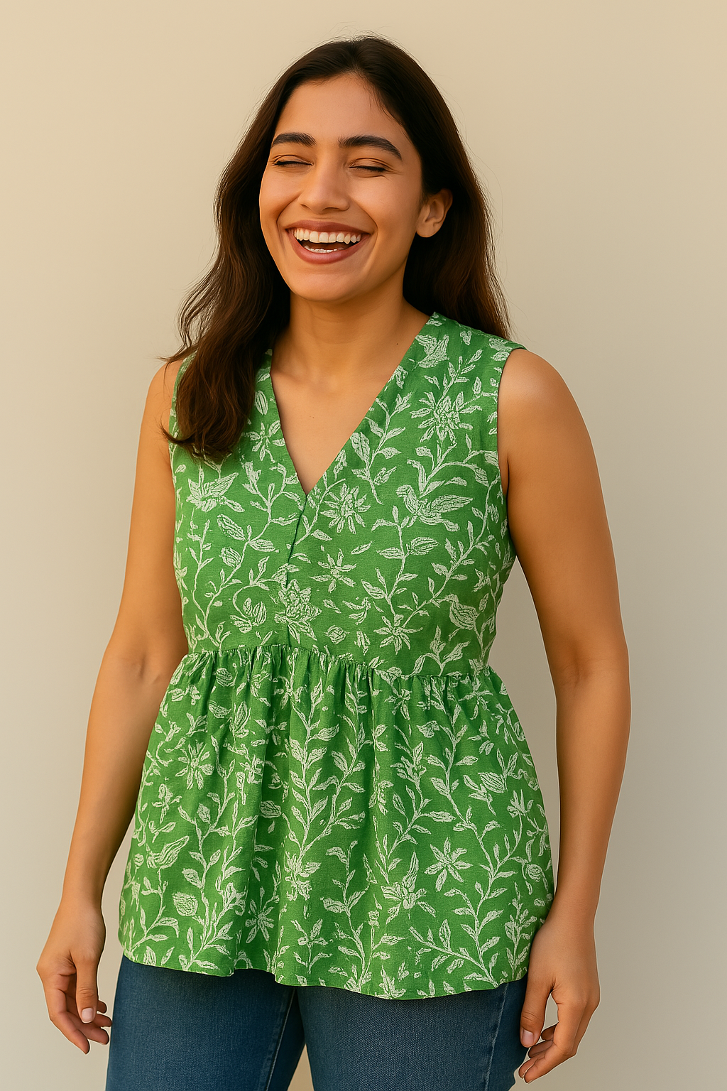 Sleeveless Peplum Top – Floral Printed Cotton