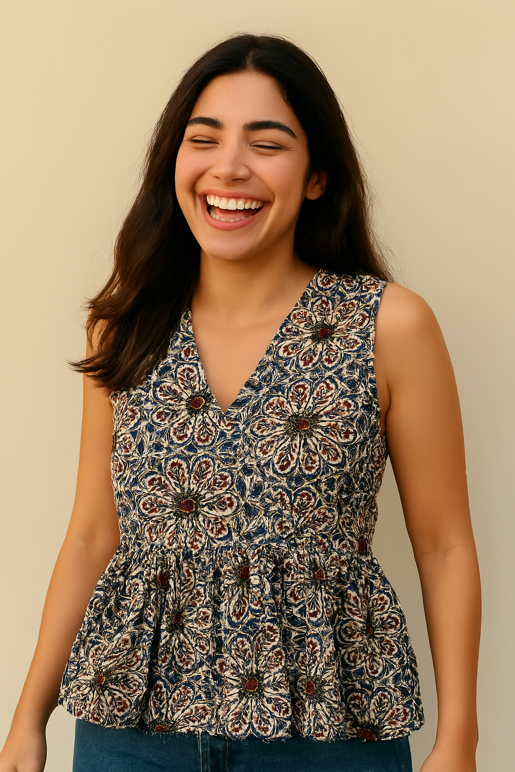 Sleeveless Peplum Top – Floral Printed Cotton