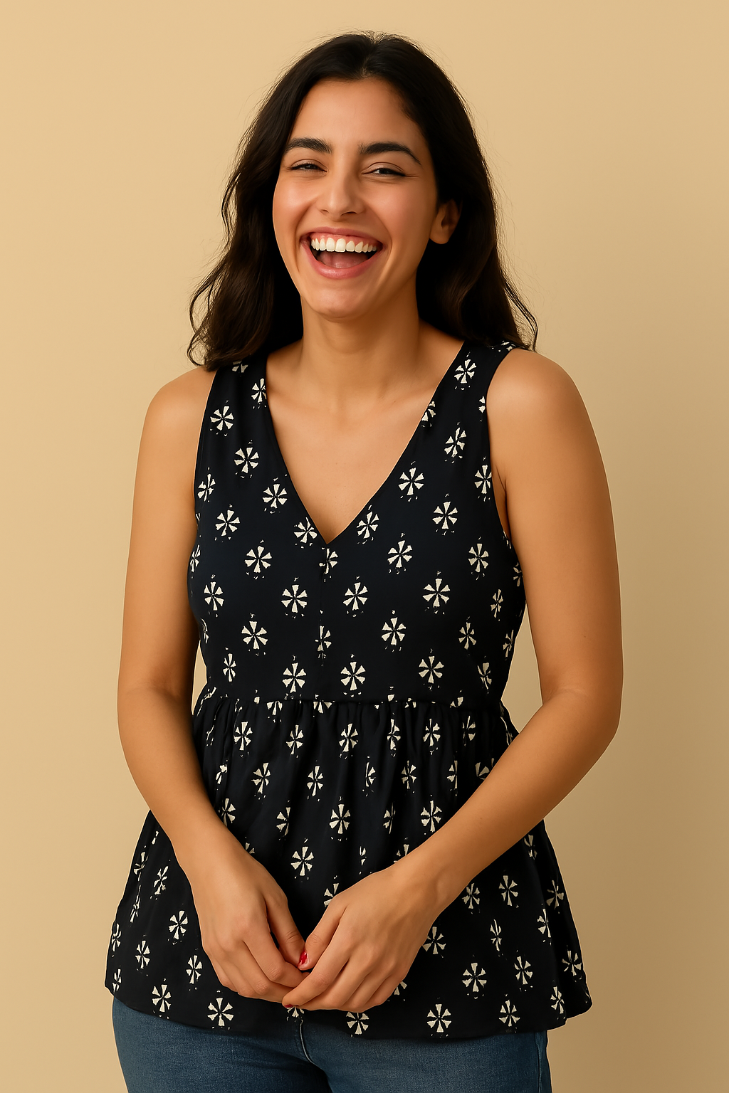 Sleeveless Peplum Top – Floral Printed Cotton