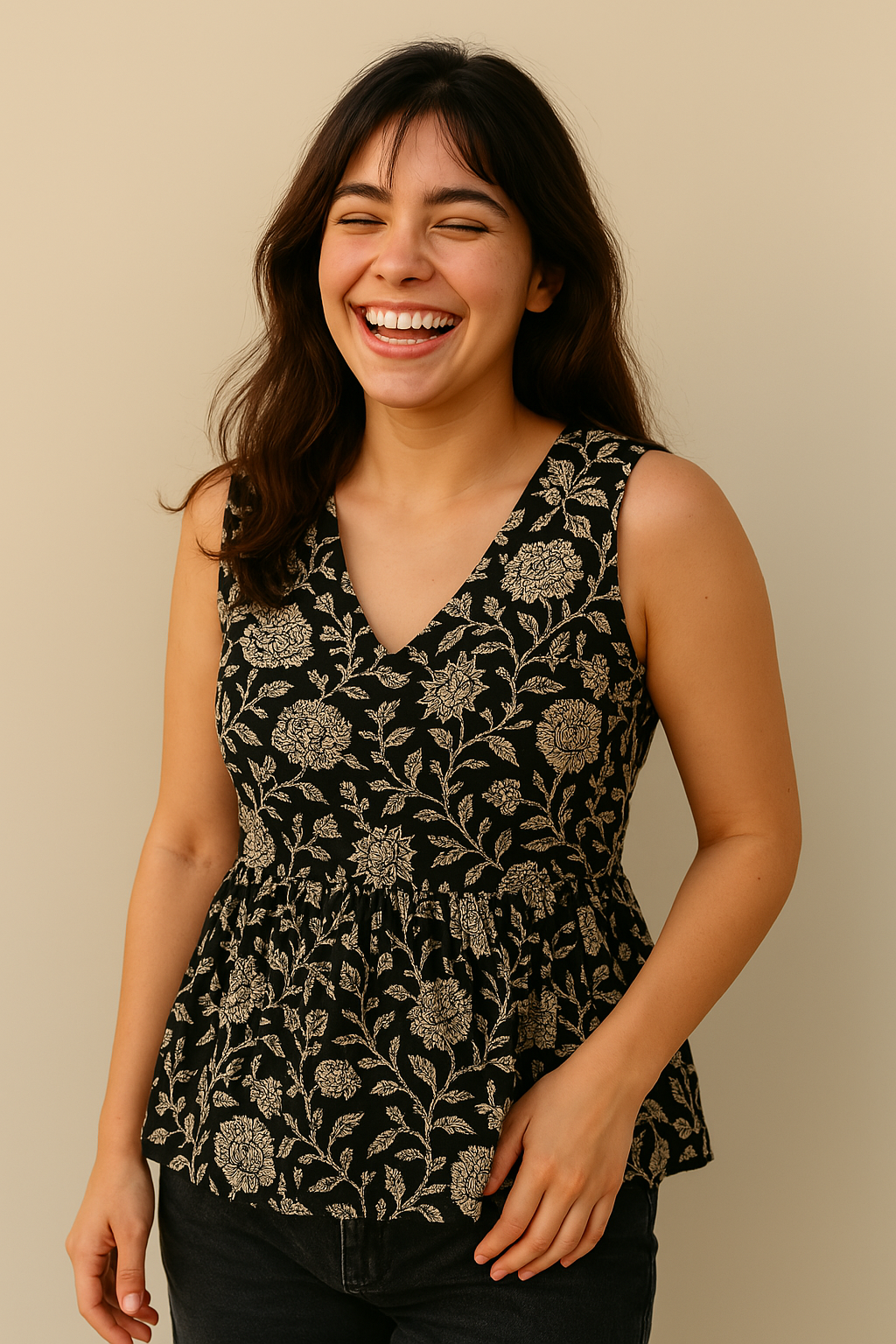 Sleeveless Peplum Top – Floral Printed Cotton