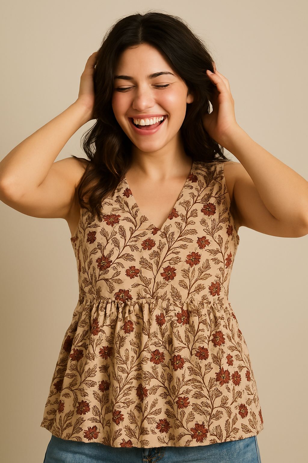 Sleeveless Peplum Top – Floral Printed Cotton