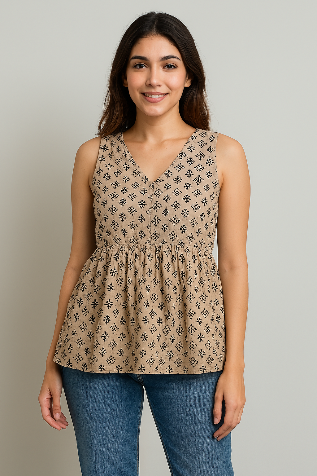 Sleeveless Peplum Top – Floral Printed Cotton