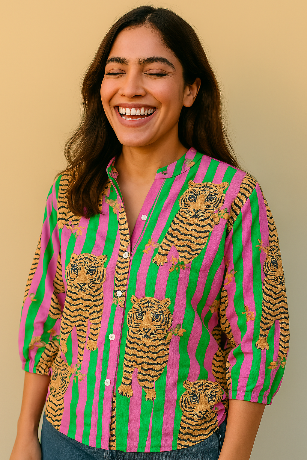 Bold Bloom Striped Cotton Shirt