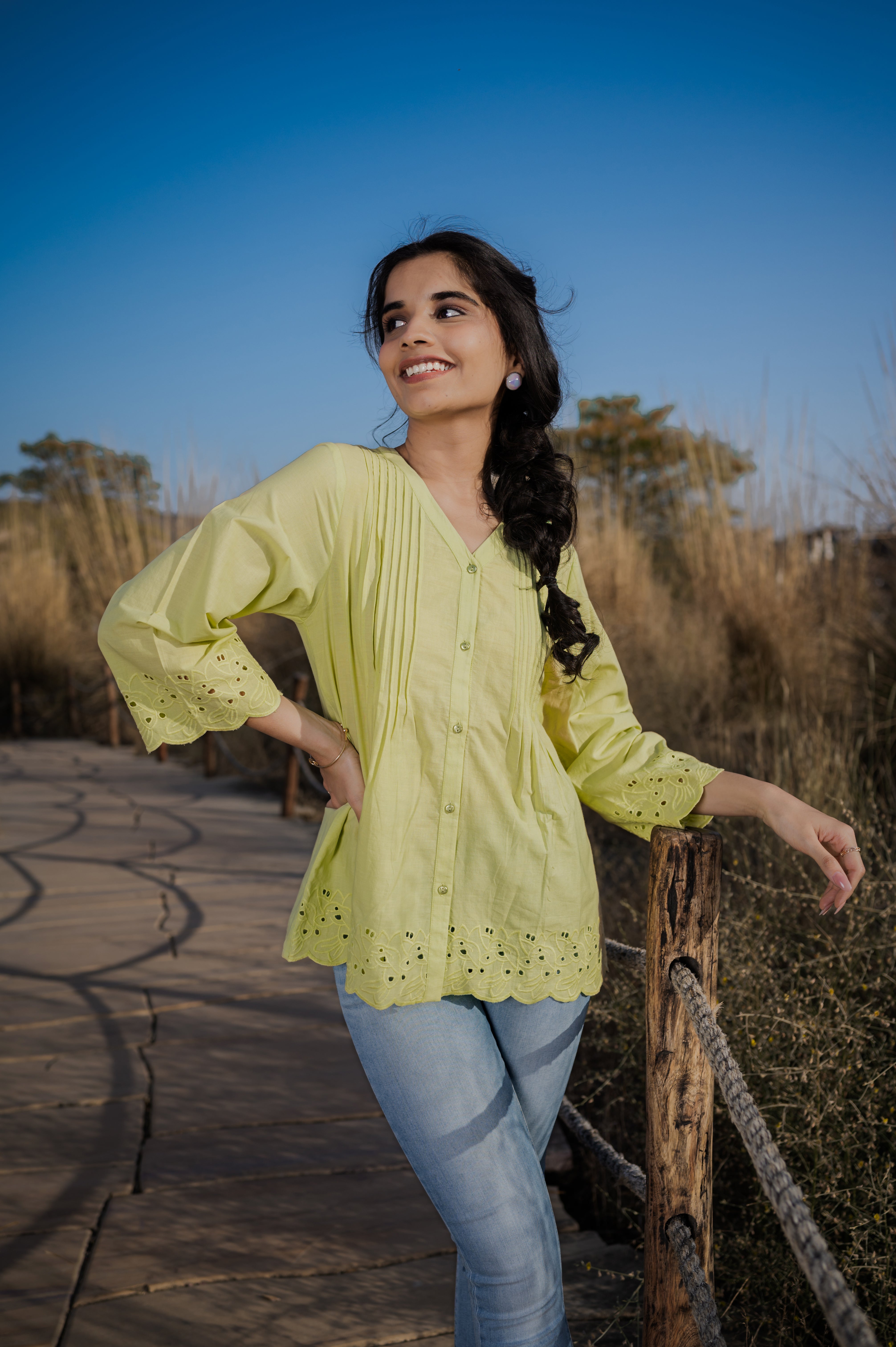 Green cotton cut work short top