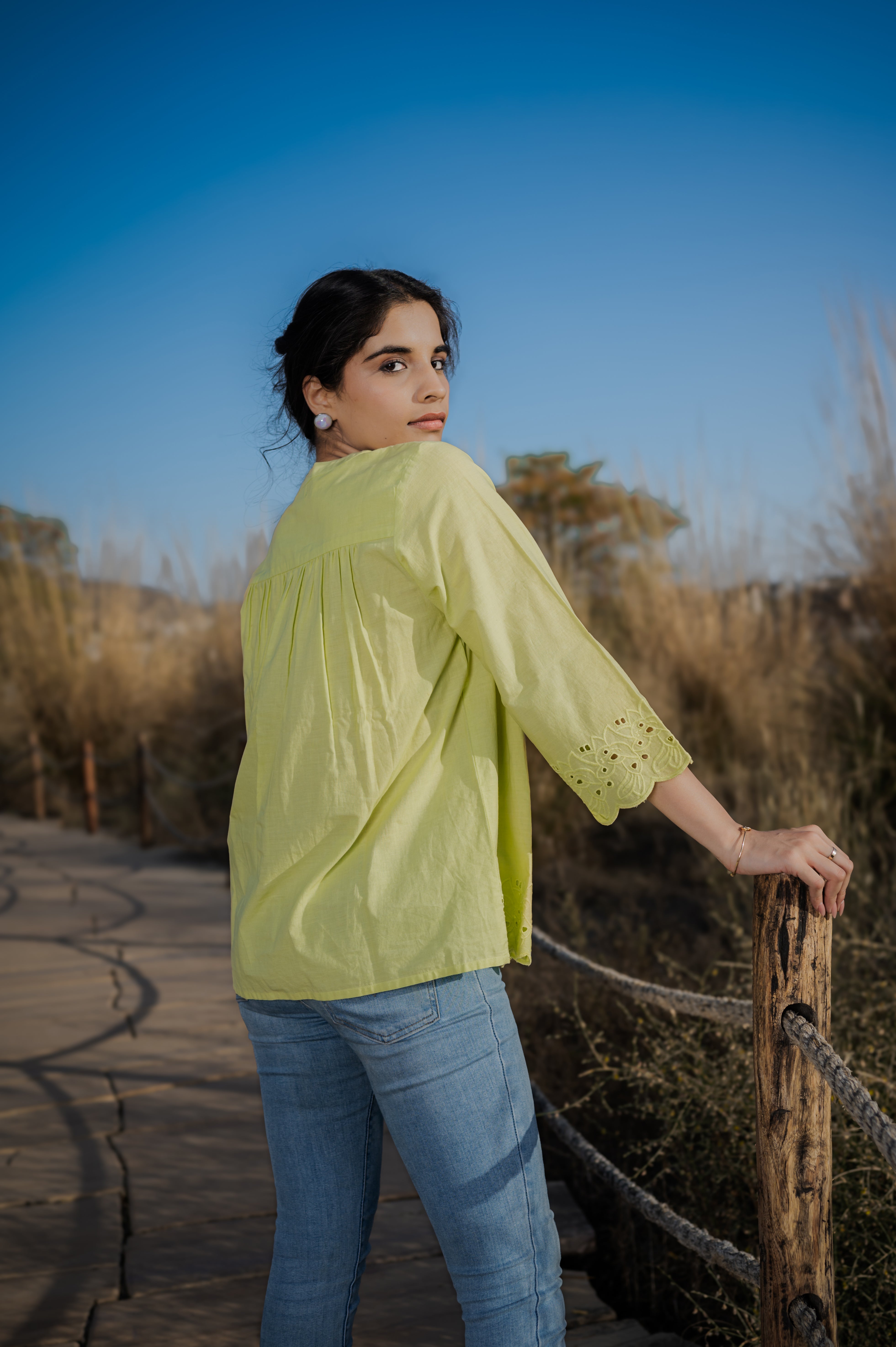 Green cotton cut work short top