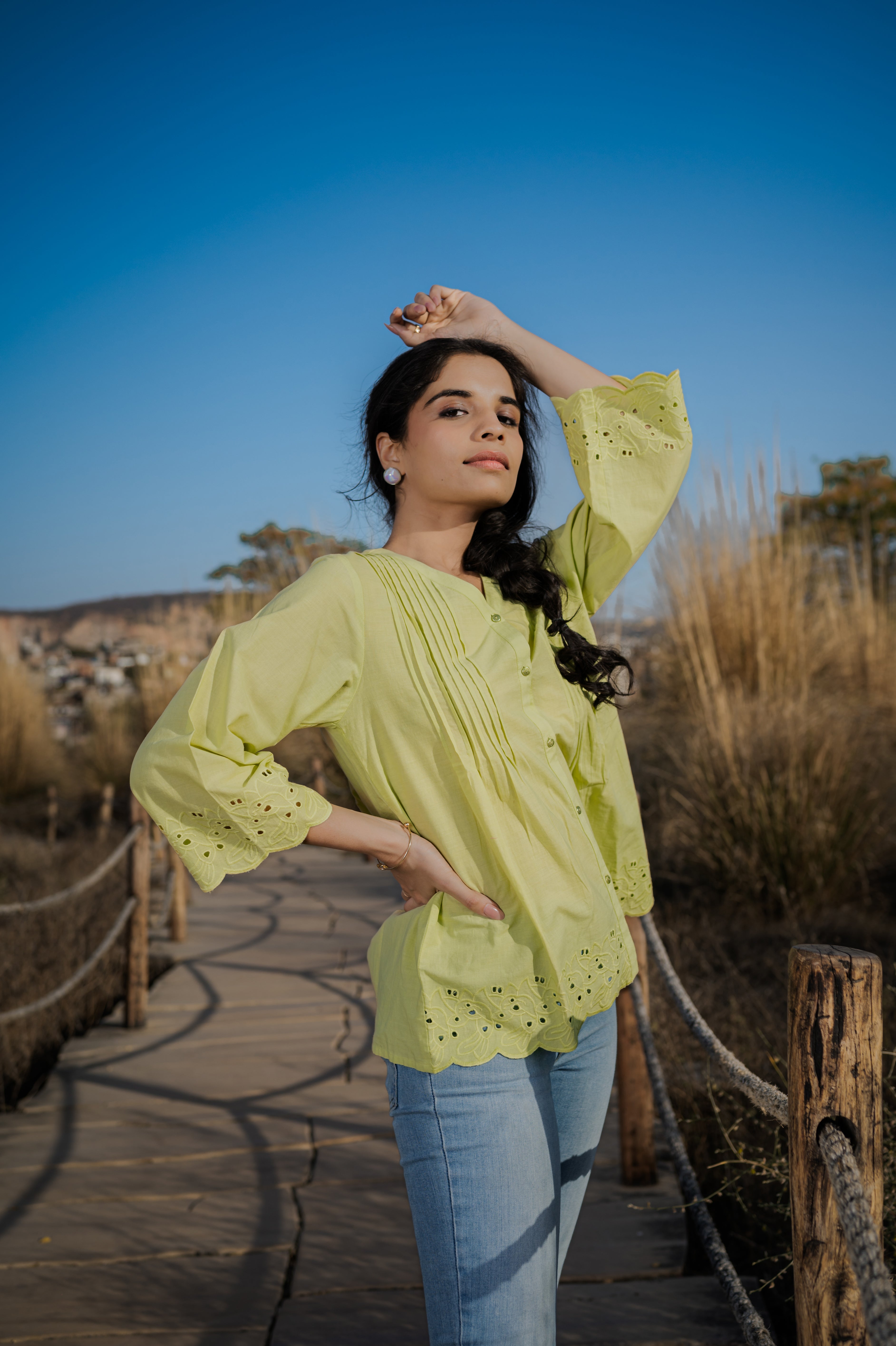 Green cotton cut work short top