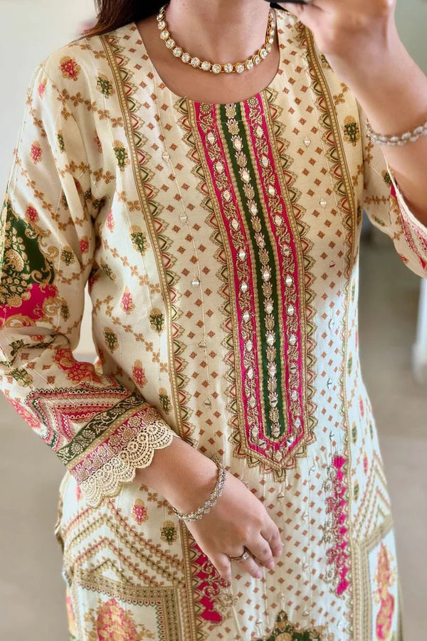 Muslin Banana Silk Suit Set with Handcrafted Embroidery and Digital Prints
