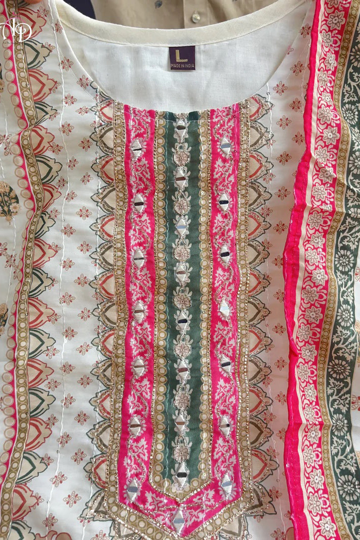Muslin Banana Silk Suit Set with Handcrafted Embroidery and Digital Prints