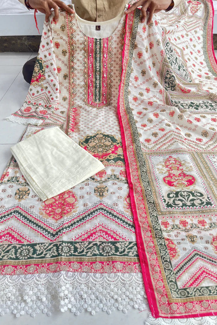 Muslin Banana Silk Suit Set with Handcrafted Embroidery and Digital Prints