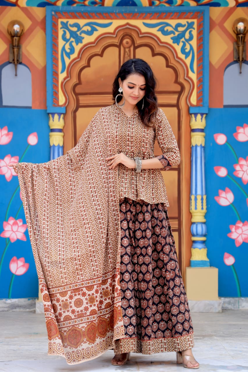 Hand Block Print Top & Skirt With Pure Cotton Dupatta