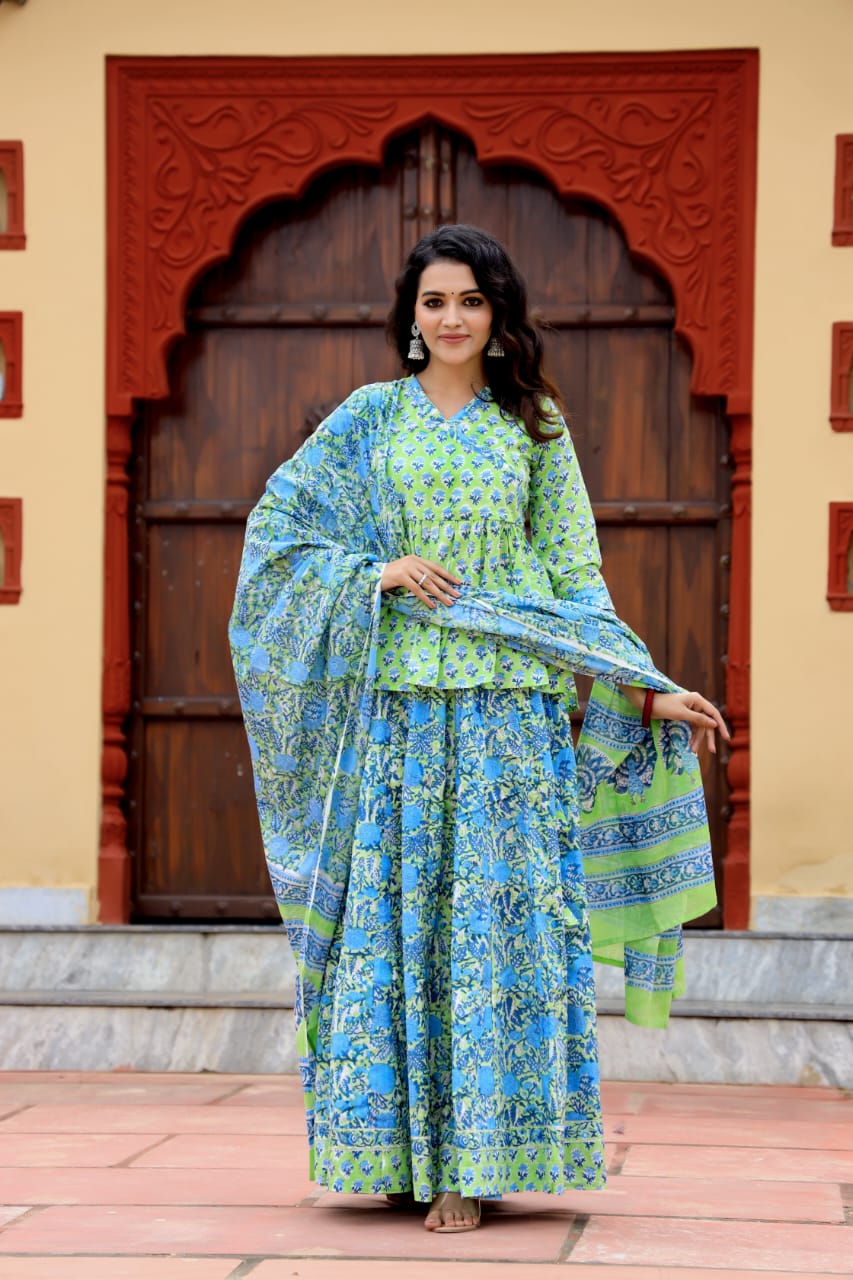 Hand Block Print Top & Skirt With Pure Cotton Dupatta
