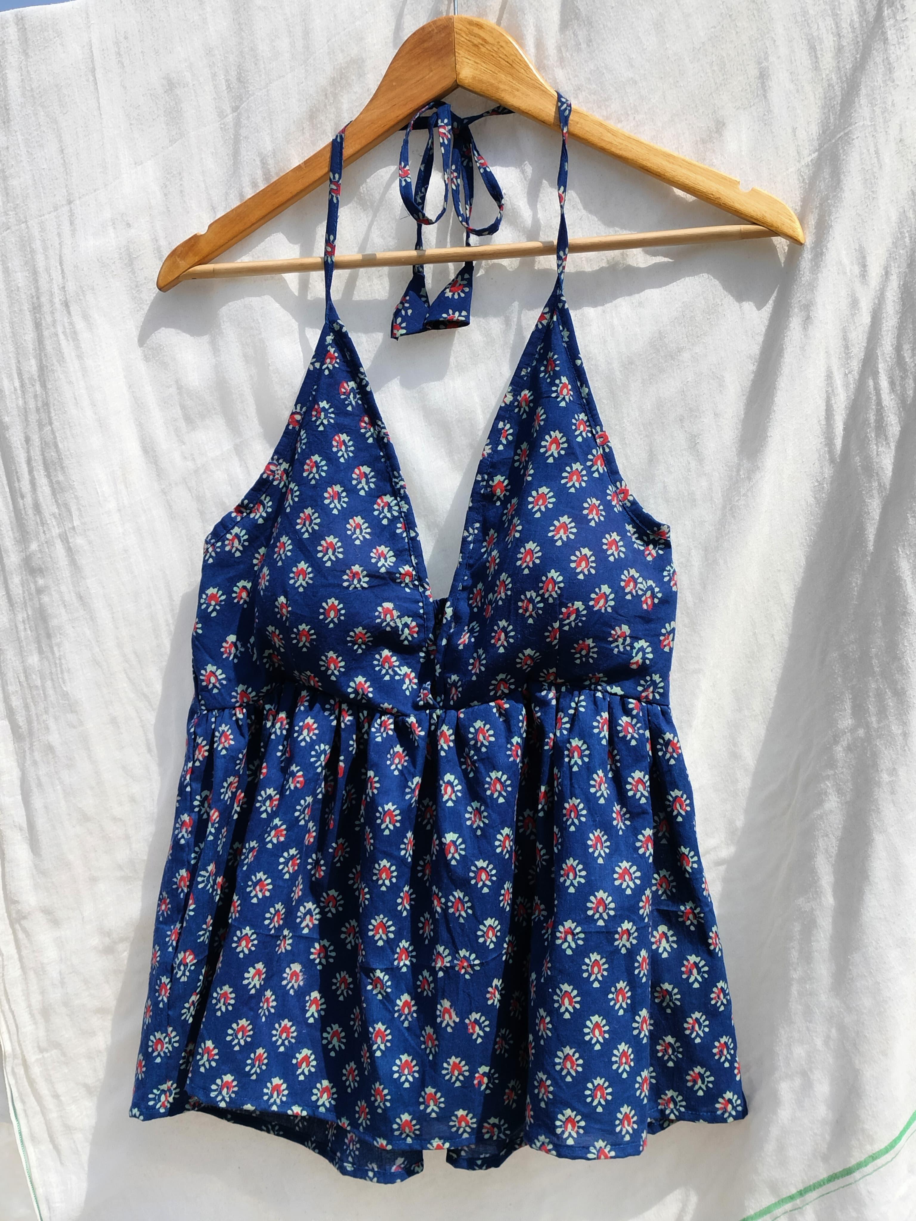 Block Print Blue Strappy Top