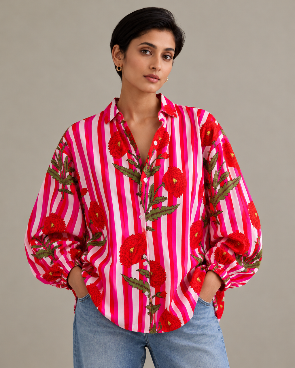 Bold Bloom Striped Cotton Shirt - White Pink