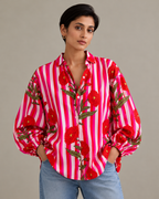 Bold Bloom Striped Cotton Shirt - White Pink