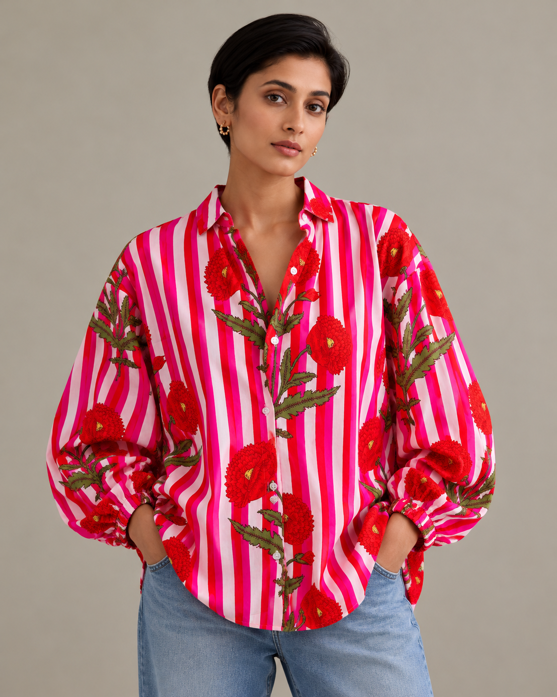 Bold Bloom Striped Cotton Shirt