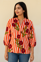 Bold Bloom Striped Cotton Shirt