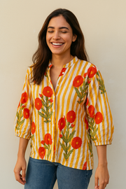 Bold Bloom Striped Cotton Shirt