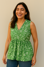 Sleeveless Peplum Top – Floral Printed Cotton