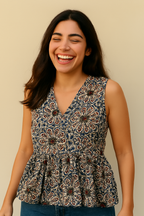Sleeveless Peplum Top – Floral Printed Cotton