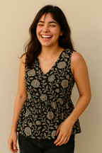 Sleeveless Peplum Top – Floral Printed Cotton