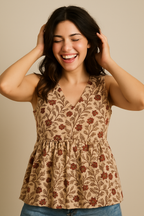 Sleeveless Peplum Top – Floral Printed Cotton