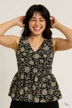 Sleeveless Peplum Top – Floral Printed Cotton