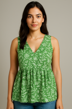 Sleeveless Peplum Top – Floral Printed Cotton