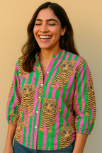 Bold Bloom Striped Cotton Shirt