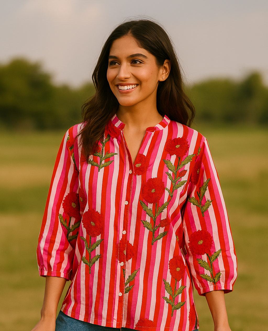 Bold Bloom Striped Cotton Shirt