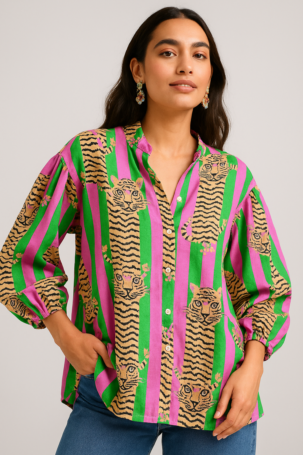 Bold Bloom Striped Cotton Shirt