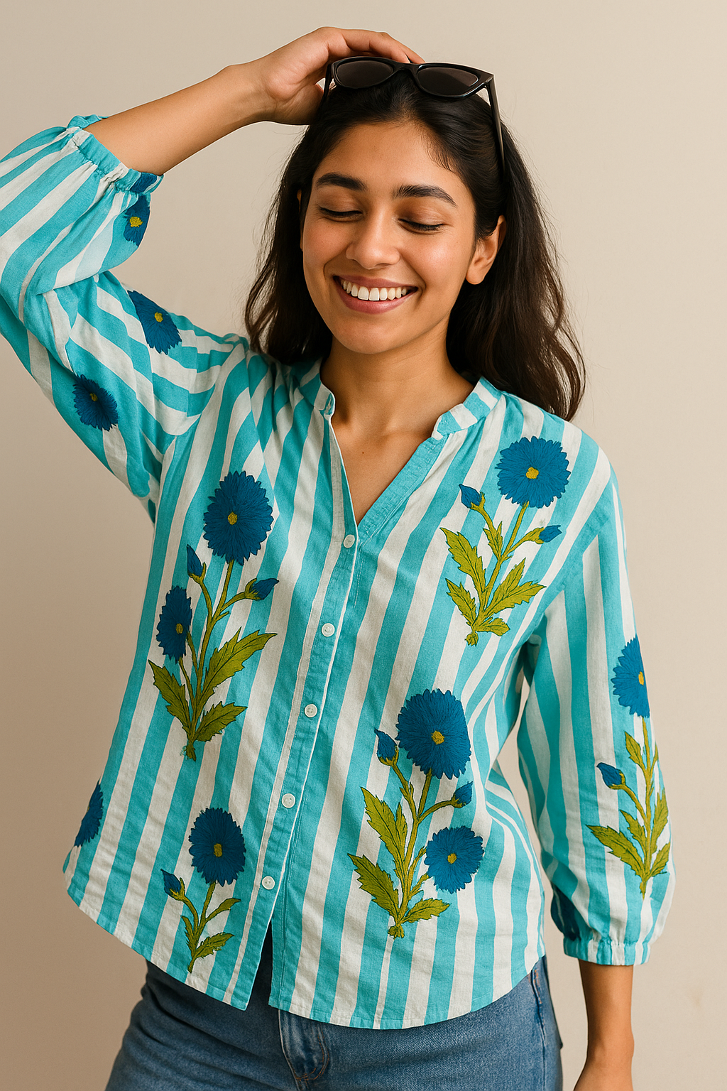 Bold Bloom Striped Cotton Shirt