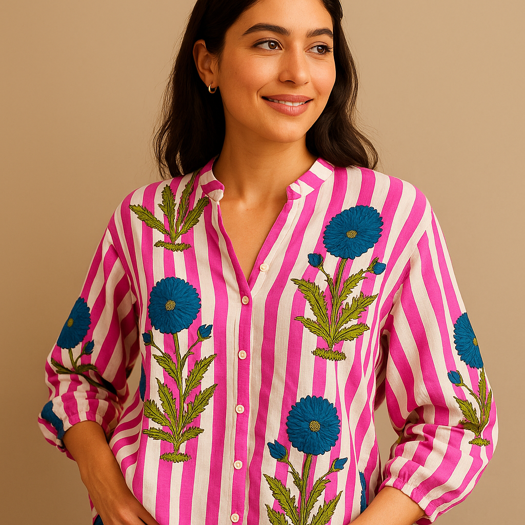 Bold Bloom Striped Cotton Shirt