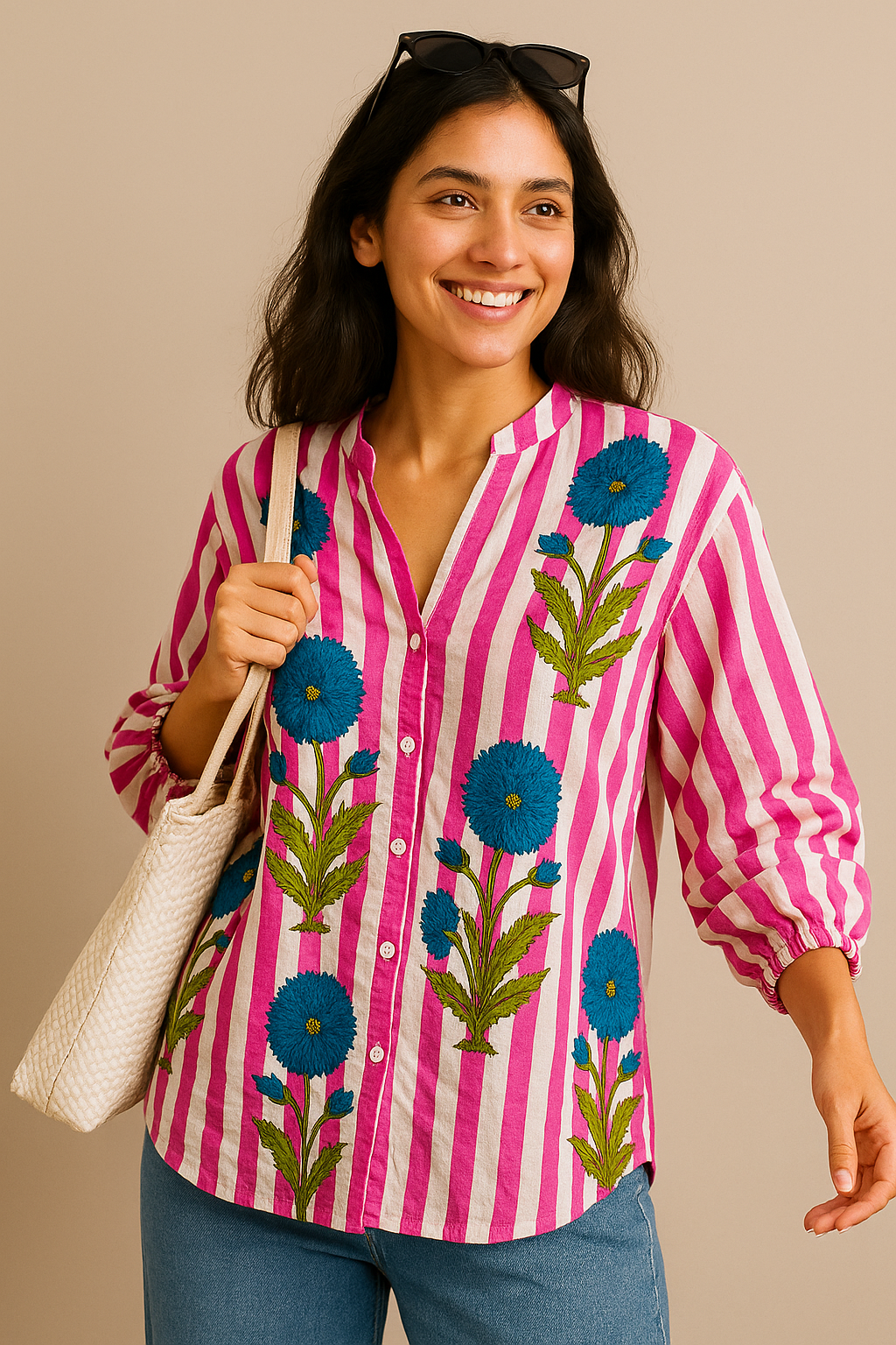 Bold Bloom Striped Cotton Shirt