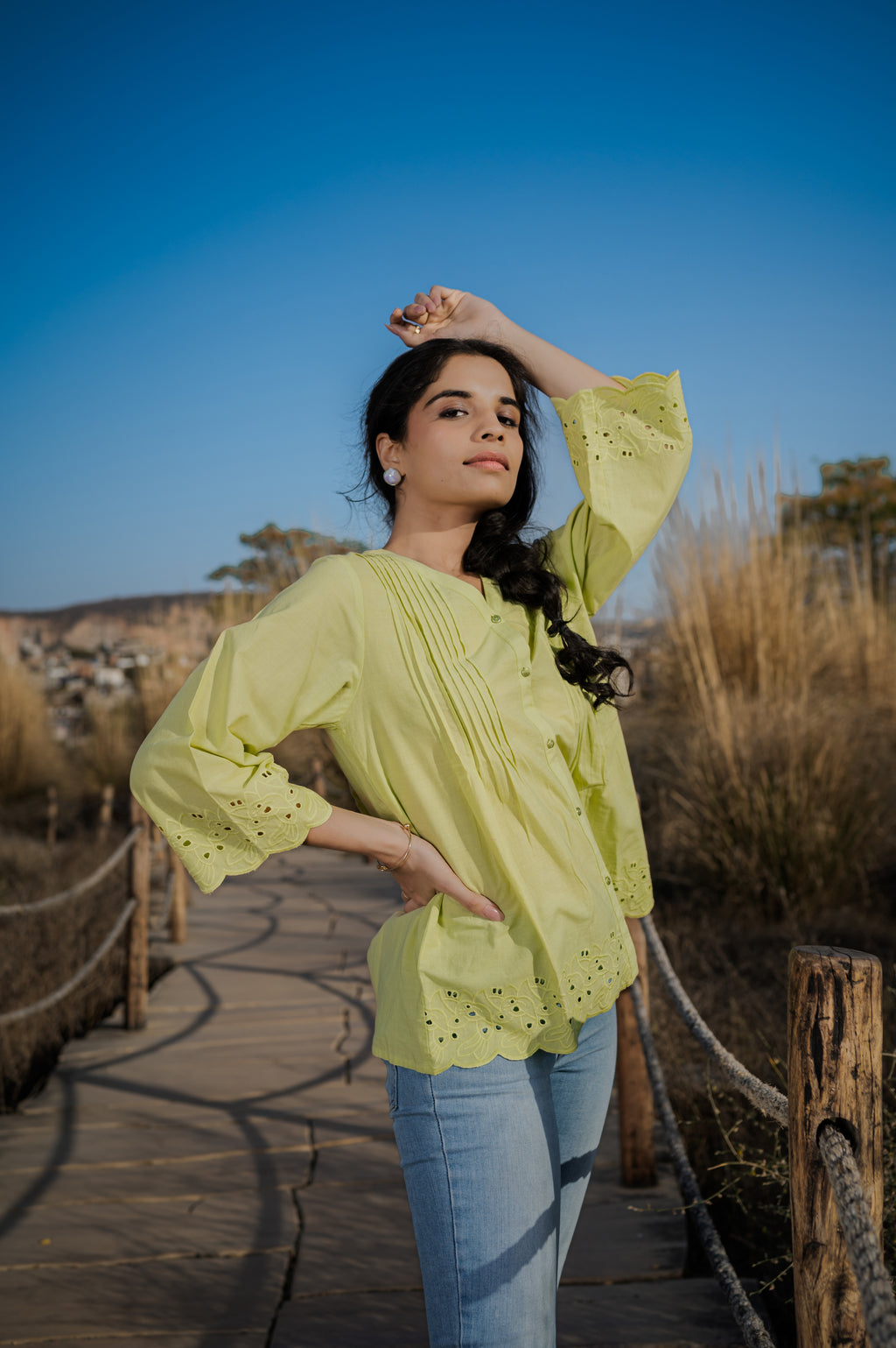 Green cotton cut work short top