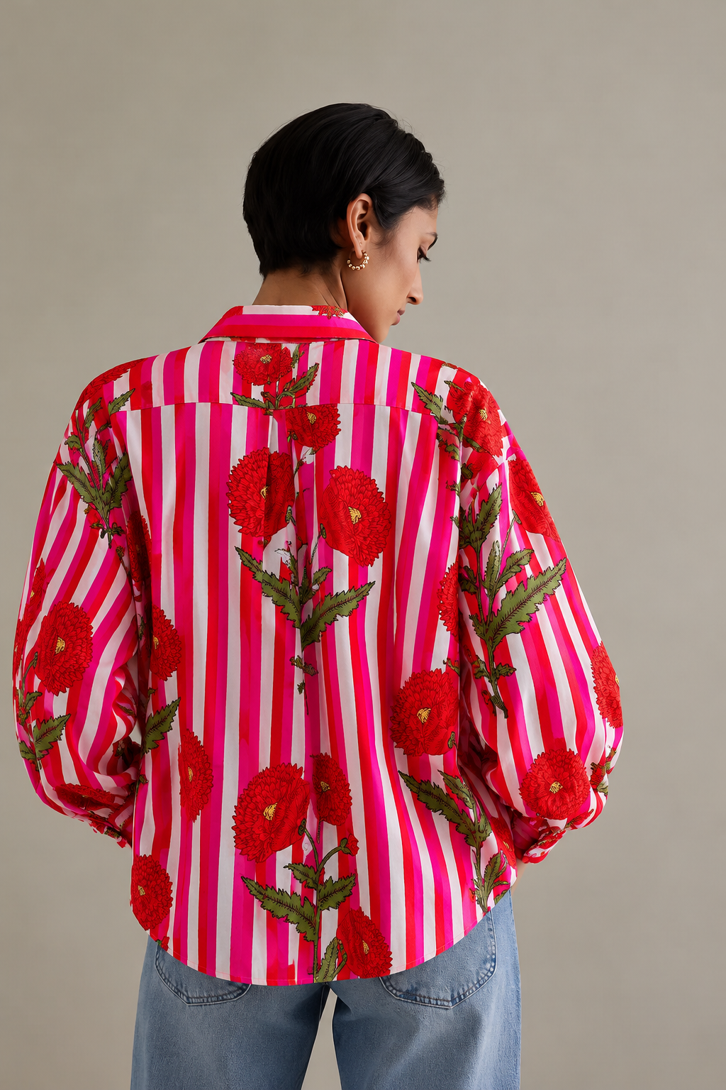 Bold Bloom Striped Cotton Shirt