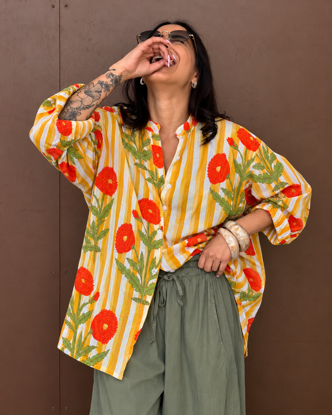 Bold Bloom Striped Cotton Shirt
