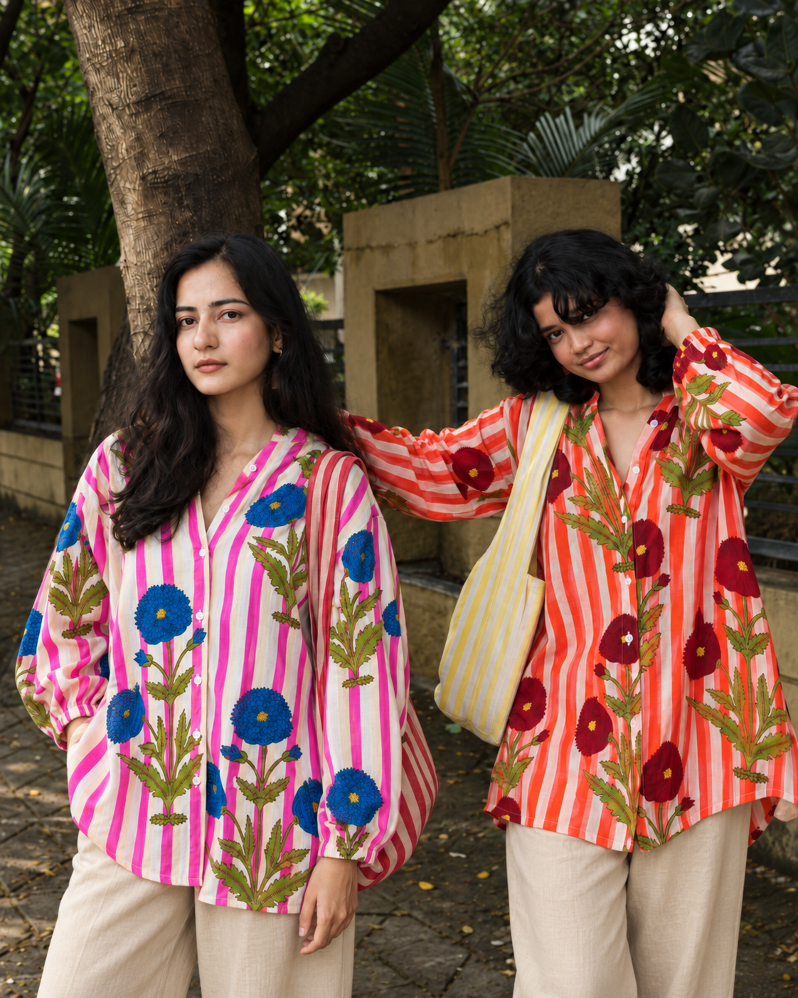 Bold Bloom Striped Cotton Shirt - White Pink