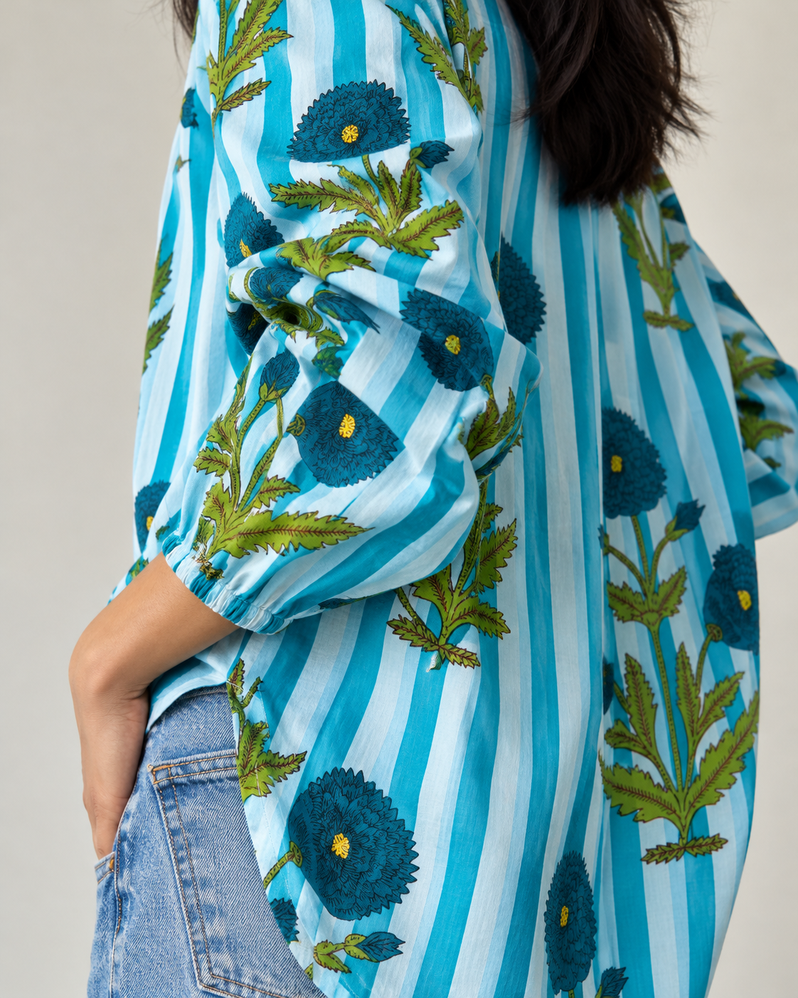 Bold Bloom Striped Cotton Shirt