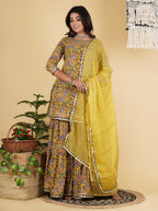 Hand block print cotton short kurta with gharara