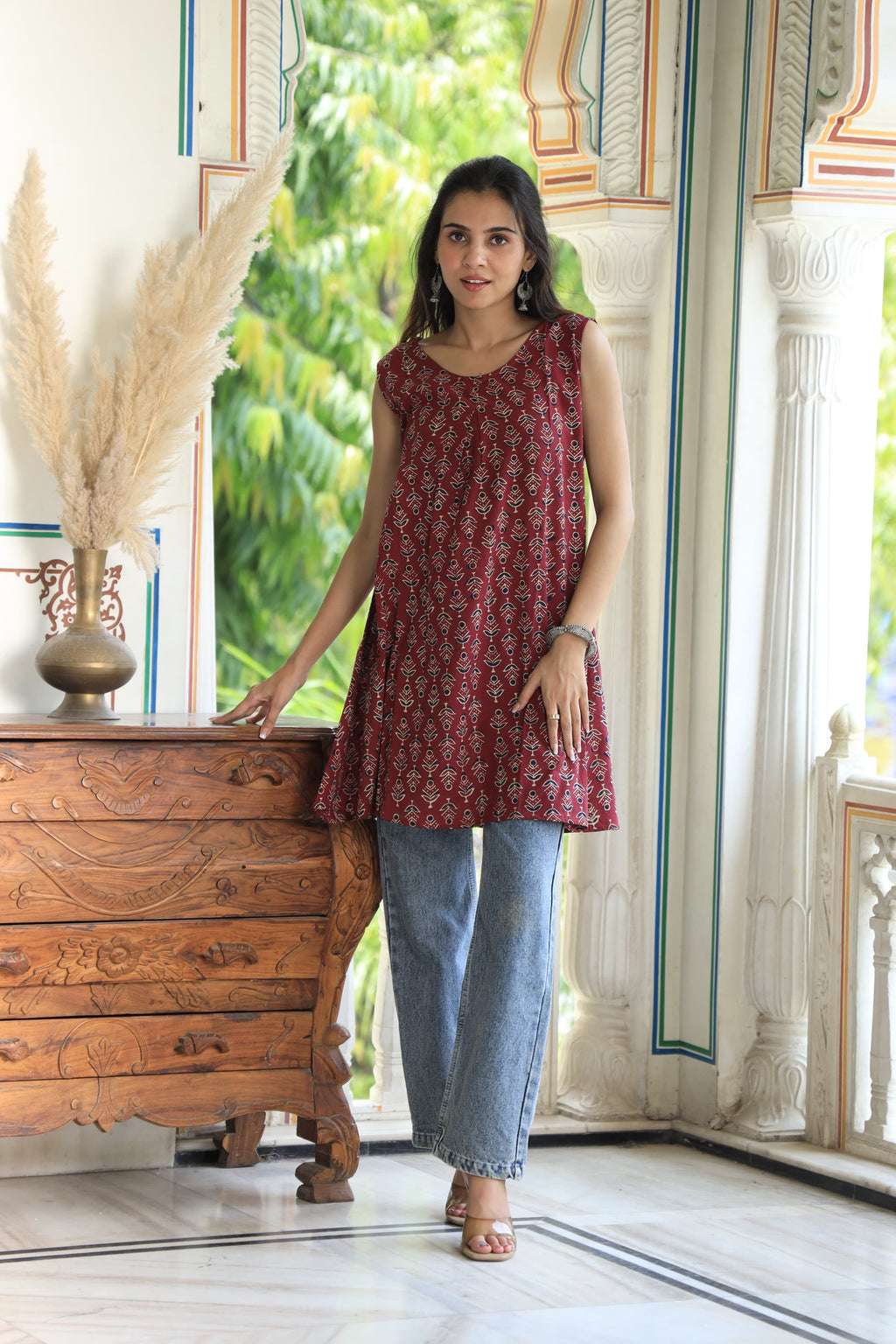Maroon Block Printed Cotton Short Aline Kurti