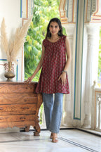 Maroon Block Printed Cotton Short Aline Kurti