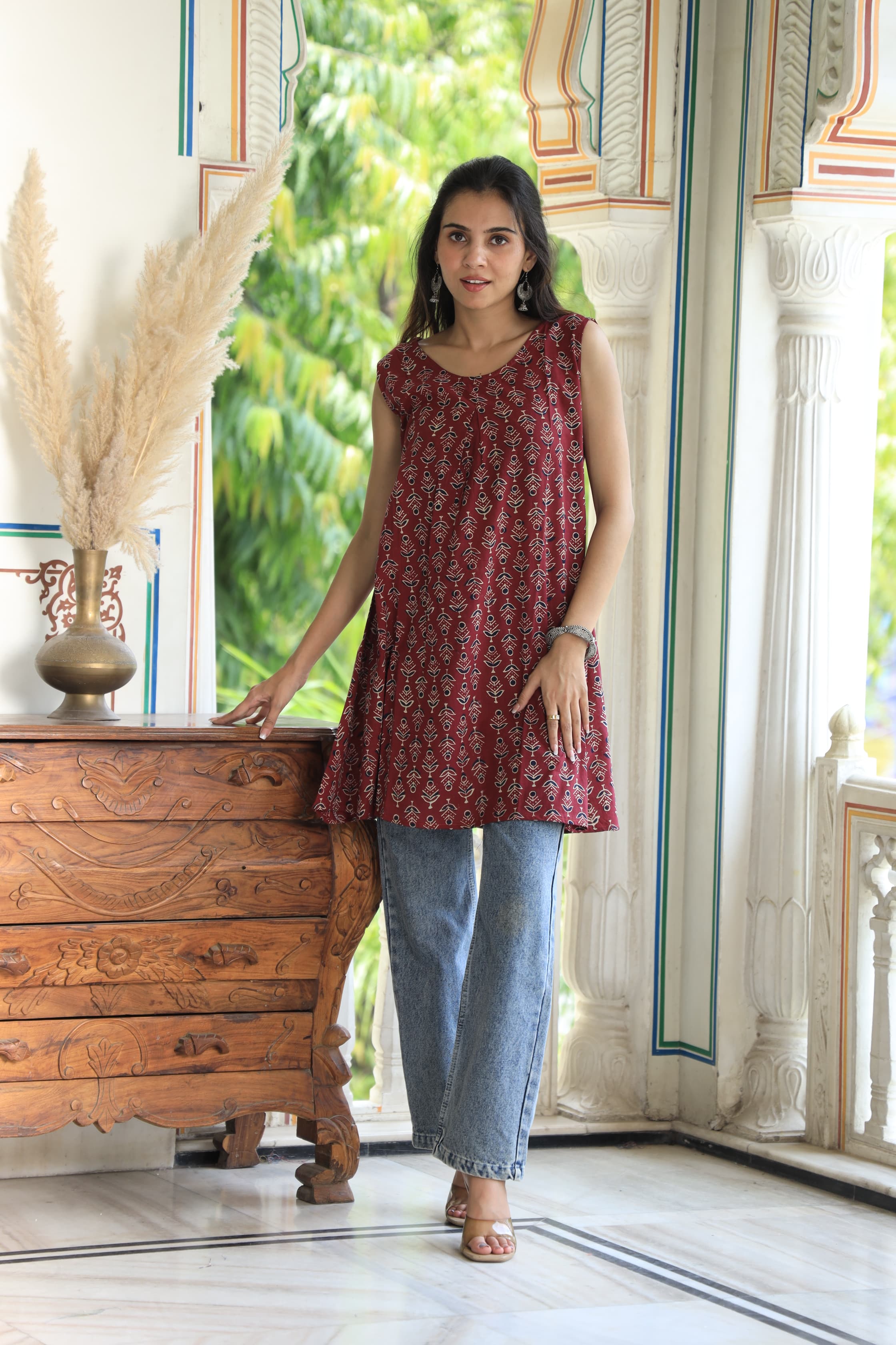 Maroon Block Printed Cotton Short Aline Kurti